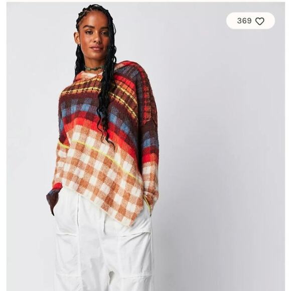 Free People Ainsley Plaid Hooded Wool Blend Poncho in Apple Cider Combo, sz S - Picture 2 of 16